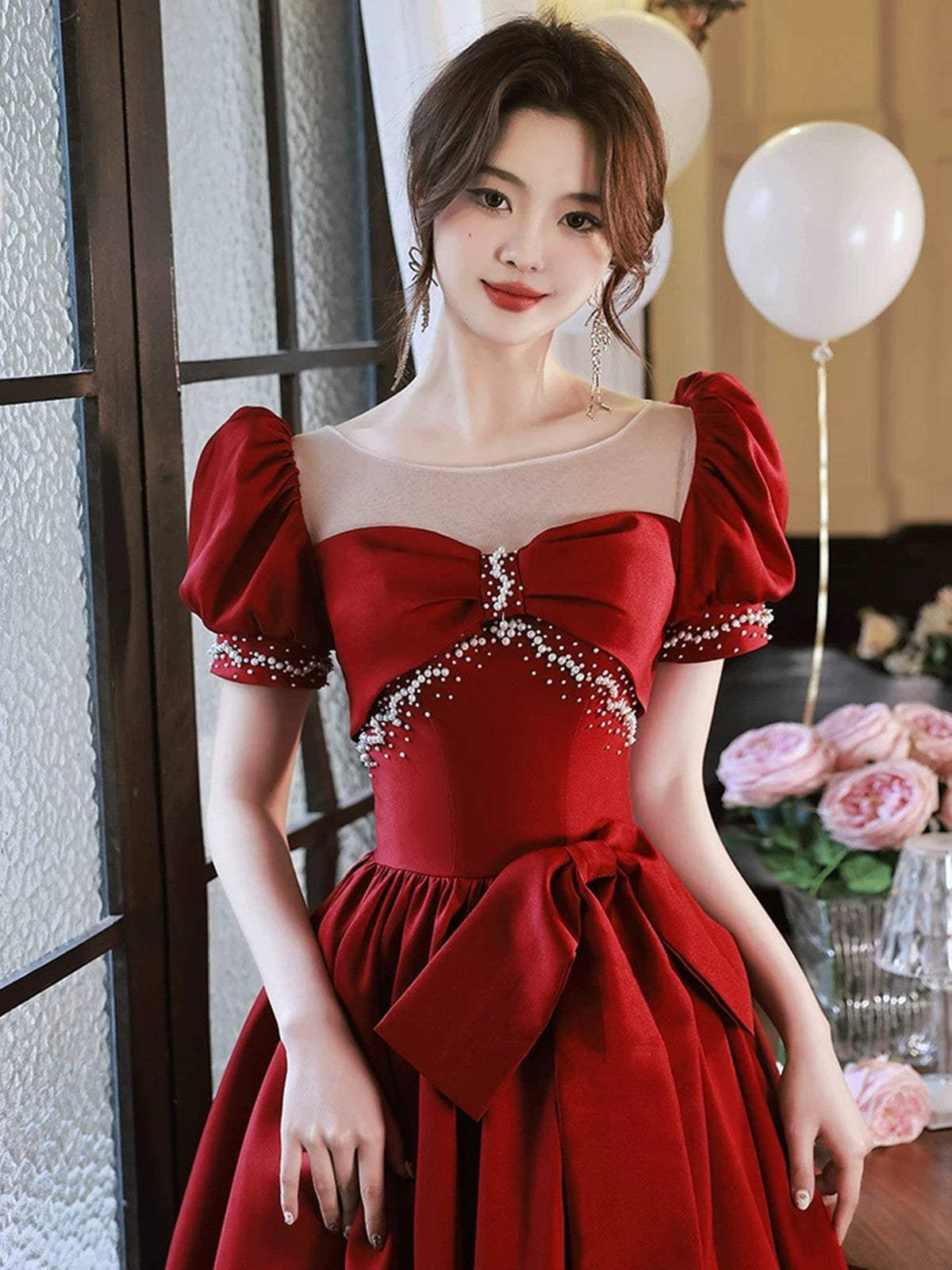 Wine Red Satin Short Sleeves Pearls Long Party Dress, Wine Red Satin P Cutedressy Wine Red Satin Short Sleeves Pearls Long Party Dress, Wine Red Satin P Cutedressy