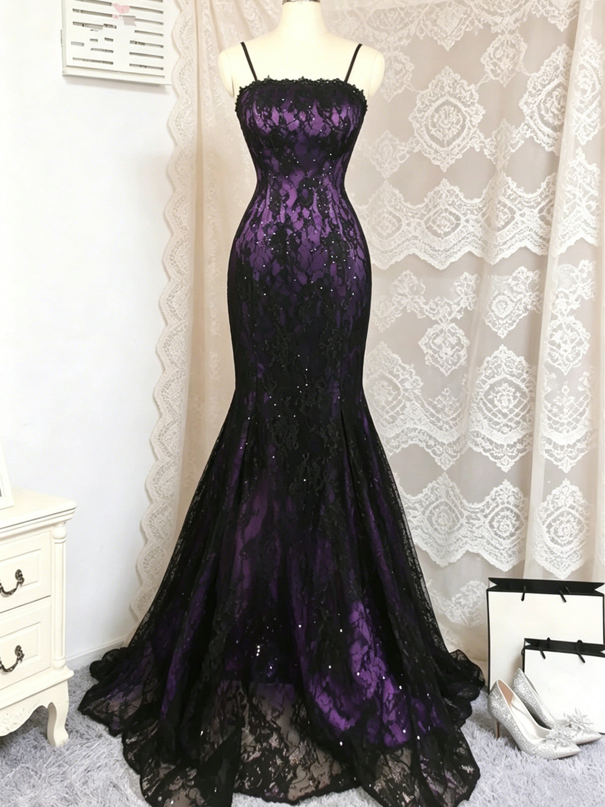 Charming Glam Purple and Black Lace Mermaid Prom Dress, Black and Purple Formal Dress with Spaghetti Straps