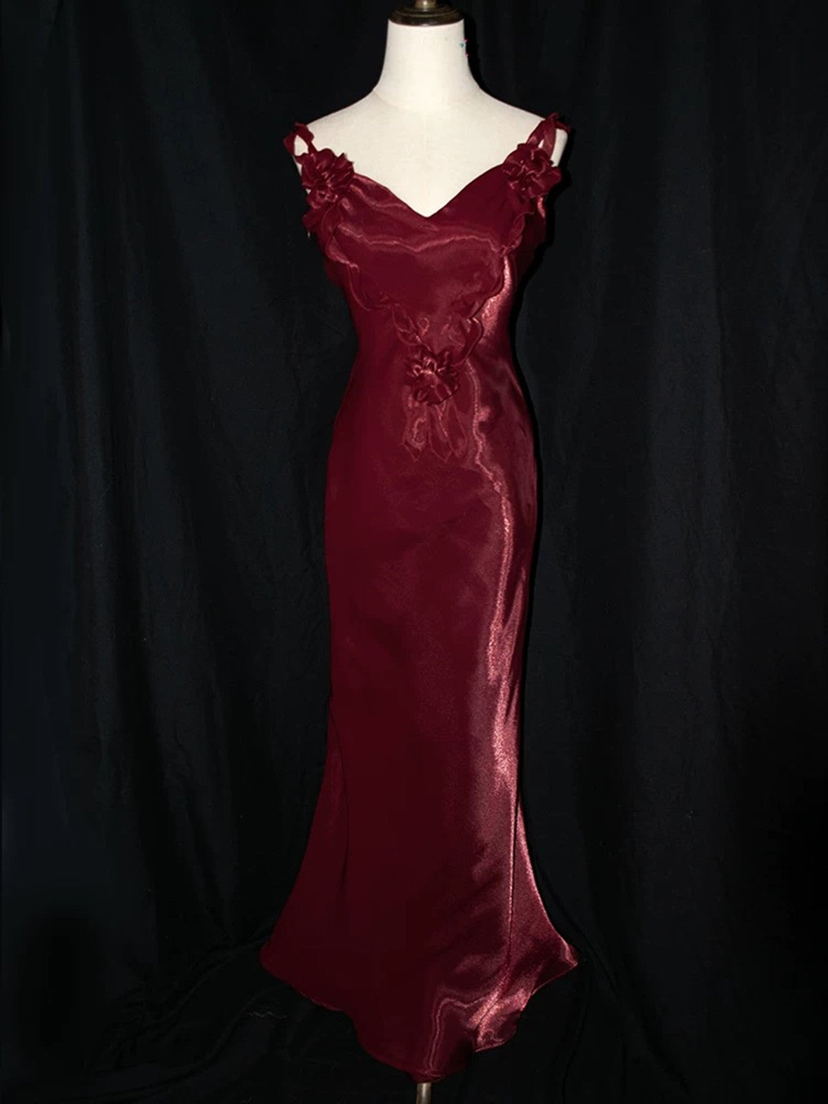 Wine Red Satin V-neckline Straps Party Dress Evening Dress, Wine Red Satin Prom Dress