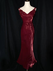 Wine Red Satin V-neckline Straps Party Dress Evening Dress, Wine Red Satin Prom Dress