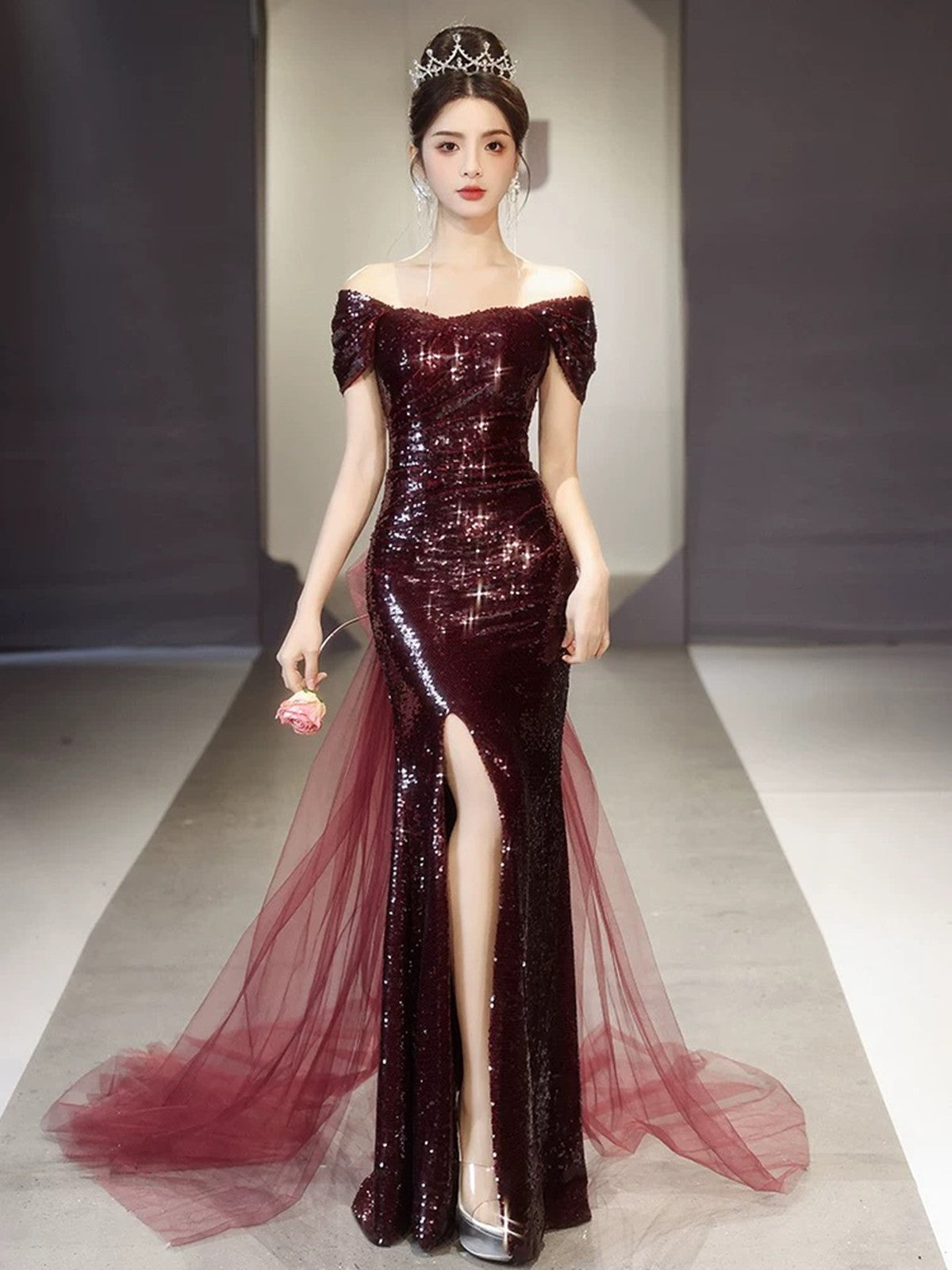 Burgundy Sequins Mermaid Long Party Dress with Tulle, Burgundy Sequins Cutedressy Burgundy Sequins Mermaid Long Party Dress with Tulle, Burgundy Sequins Cutedressy
