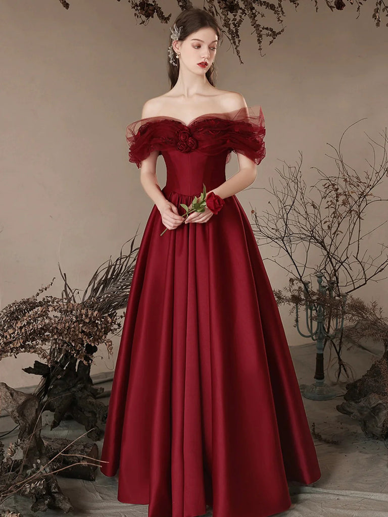 Wine Red Satin Off Shoulder Prom Dress Party Dress, A-line Satin Evening Dress
