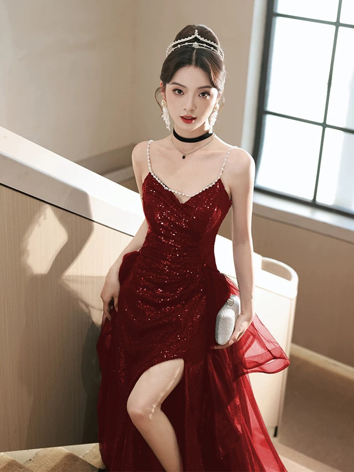 chic red formal dress long red evening dress Chic Red Fitted Evening Formal Dress With Long Sleeve 36