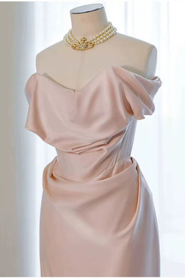 Pink Chic Satin Off Shoulder Long Party Dress, Pink Satin Evening Dress Prom Dress