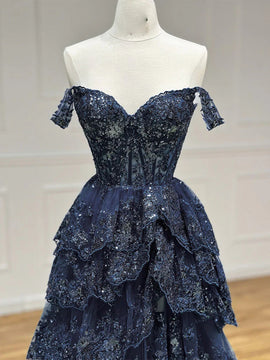 Navy Blue A-line Layers Tulle with Lace Applique Party Dress, Navy Blue Tulle Formal Dress