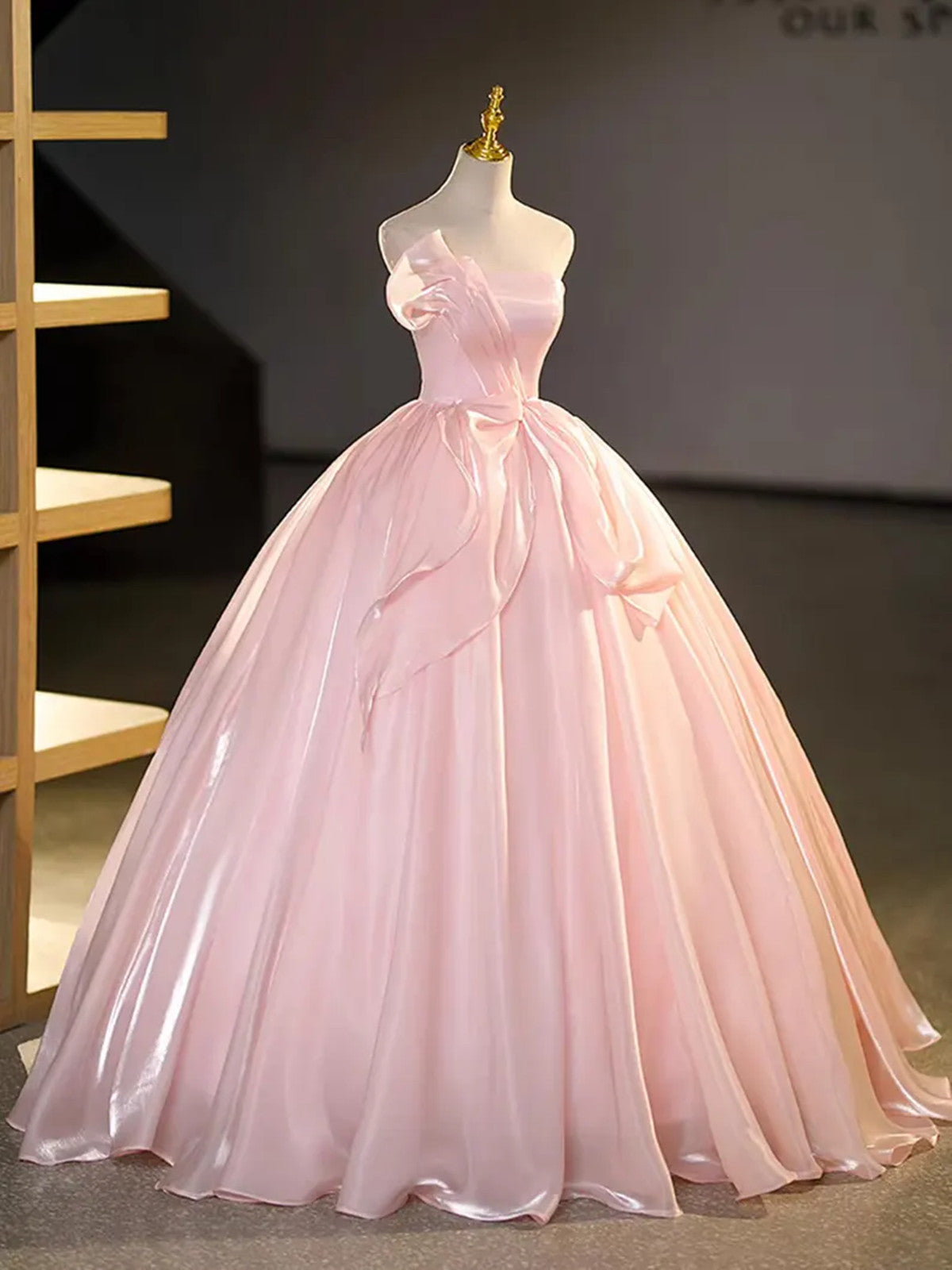 Pink Strapless Long Elegant Party Dress, Pink Satin Sweet 16 Dress Formal Dress
