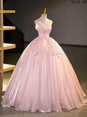 Pink Strapless Long Elegant Party Dress, Pink Satin Sweet 16 Dress Formal Dress