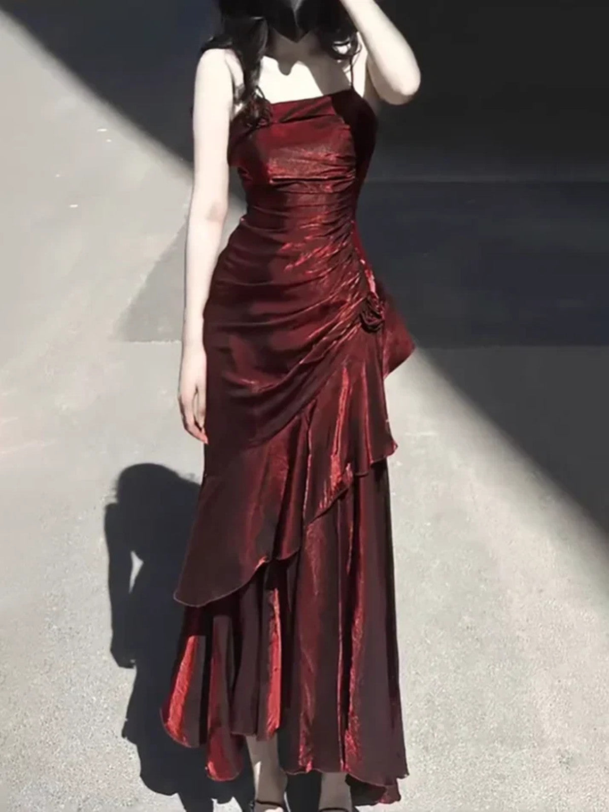 Wine Red Straps Gothic Straps Long Evening Dress, Wine Red Chic Party Dress Prom Dress