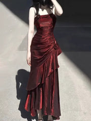 Wine Red Straps Gothic Straps Long Evening Dress, Wine Red Chic Party Dress Prom Dress
