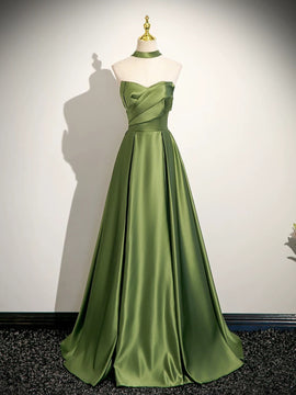 Green Satin Strapless Sweetheart A-line Prom Dress, Green Satin Long Evening Dress