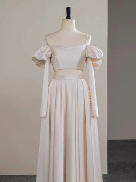 Ivory Two Piece Satin Long Sleeves Prom Dress, A-line Satin Evening Dress Formal Dress
