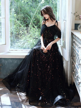 Charming Black A-line Sequins Off Shoulder Party Dress, Black Sequins Prom Dress