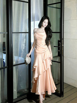 Pink Satin Mermaid Straps Chic Long Formal Dress, Pink Mermaid Prom Dress
