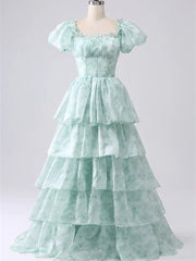 Light Green Scoop Long Party Dress, A-line Green Layers Prom Dress Evening Dress