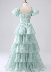 Light Green Scoop Long Party Dress, A-line Green Layers Prom Dress Evening Dress