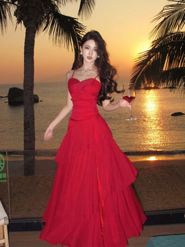 Lovely Red Chiffon Sweetheart Straps Layers Party Dress, Red Chiffon Evening Dress Prom Dress