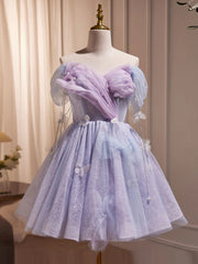 Cute Light Purple Tulle Beaded Off Shoulder Homecoming Dress, Light Purple Short Prom Dress