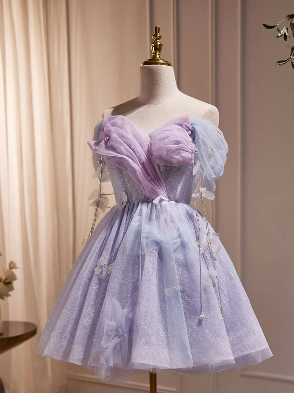 Cute Light Purple Tulle Beaded Off Shoulder Homecoming Dress, Light Purple Short Prom Dress