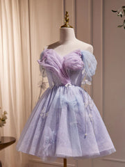 Cute Light Purple Tulle Beaded Off Shoulder Homecoming Dress, Light Purple Short Prom Dress