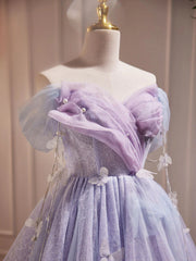 Cute Light Purple Tulle Beaded Off Shoulder Homecoming Dress, Light Purple Short Prom Dress