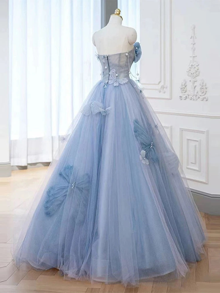 Beautiful Light Blue Tulle Beaded Sweetheart Long Prom Dress, Light Bl