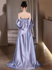 Purple Sweethart Beaded Off Shoulder Party Dress, Purple Satin Long Formal Gown