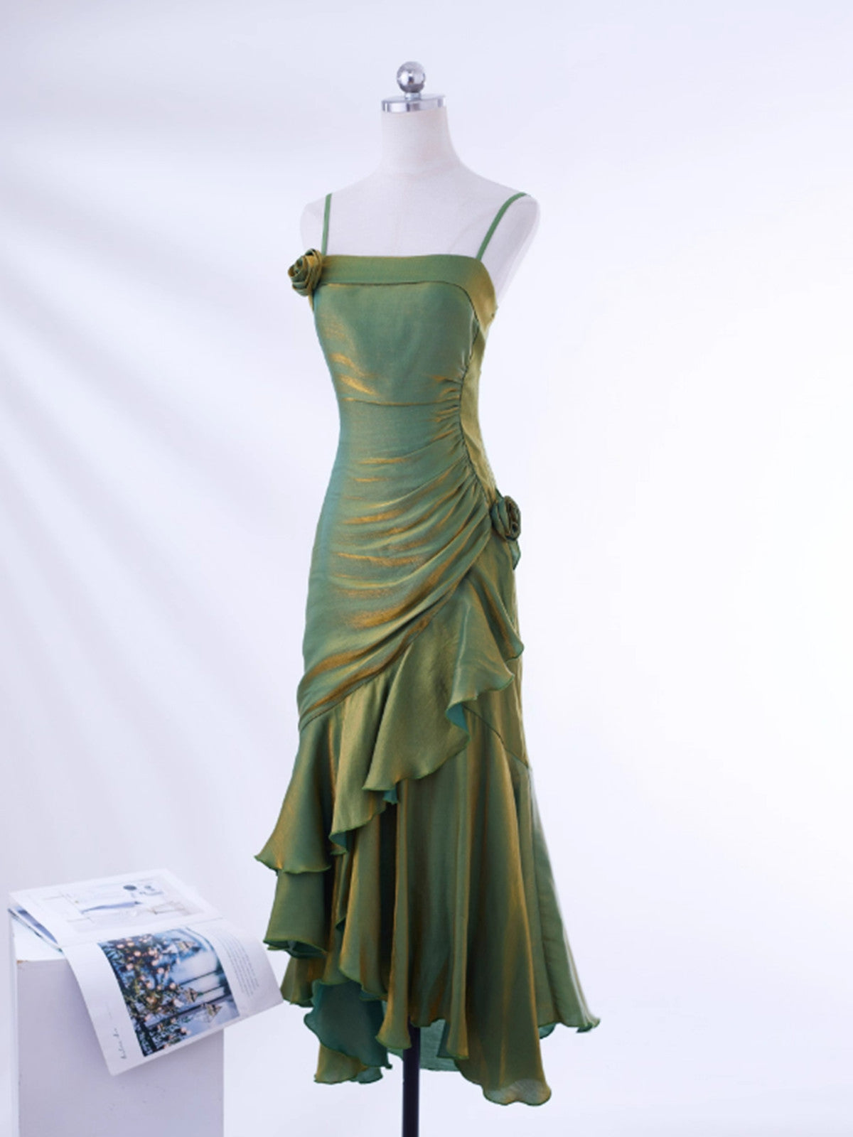 Green Satin Straps Long Evening Dress Prom Dress, Green Satin Scoop Evening Dress
