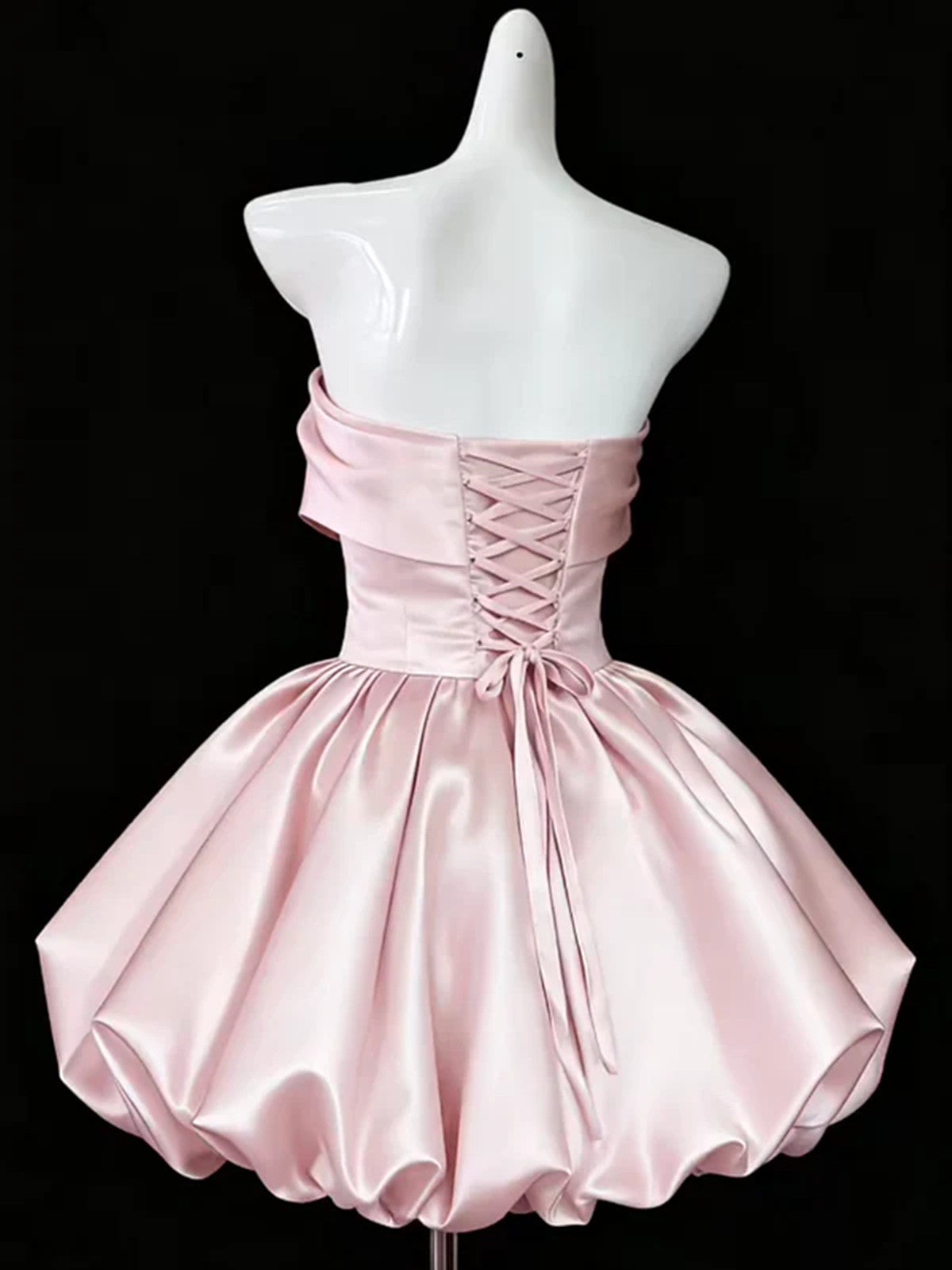 Pink Satin Strapless Short Dress with Bow Bodice, Sweetheart Neckline Short Party Dress