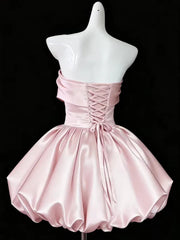 Pink Satin Strapless Short Dress with Bow Bodice, Sweetheart Neckline Short Party Dress