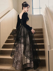 Black Velvet and Tulle Long Sleeves with Lace Prom Dress, A-line Black Floor Length Party Dress
