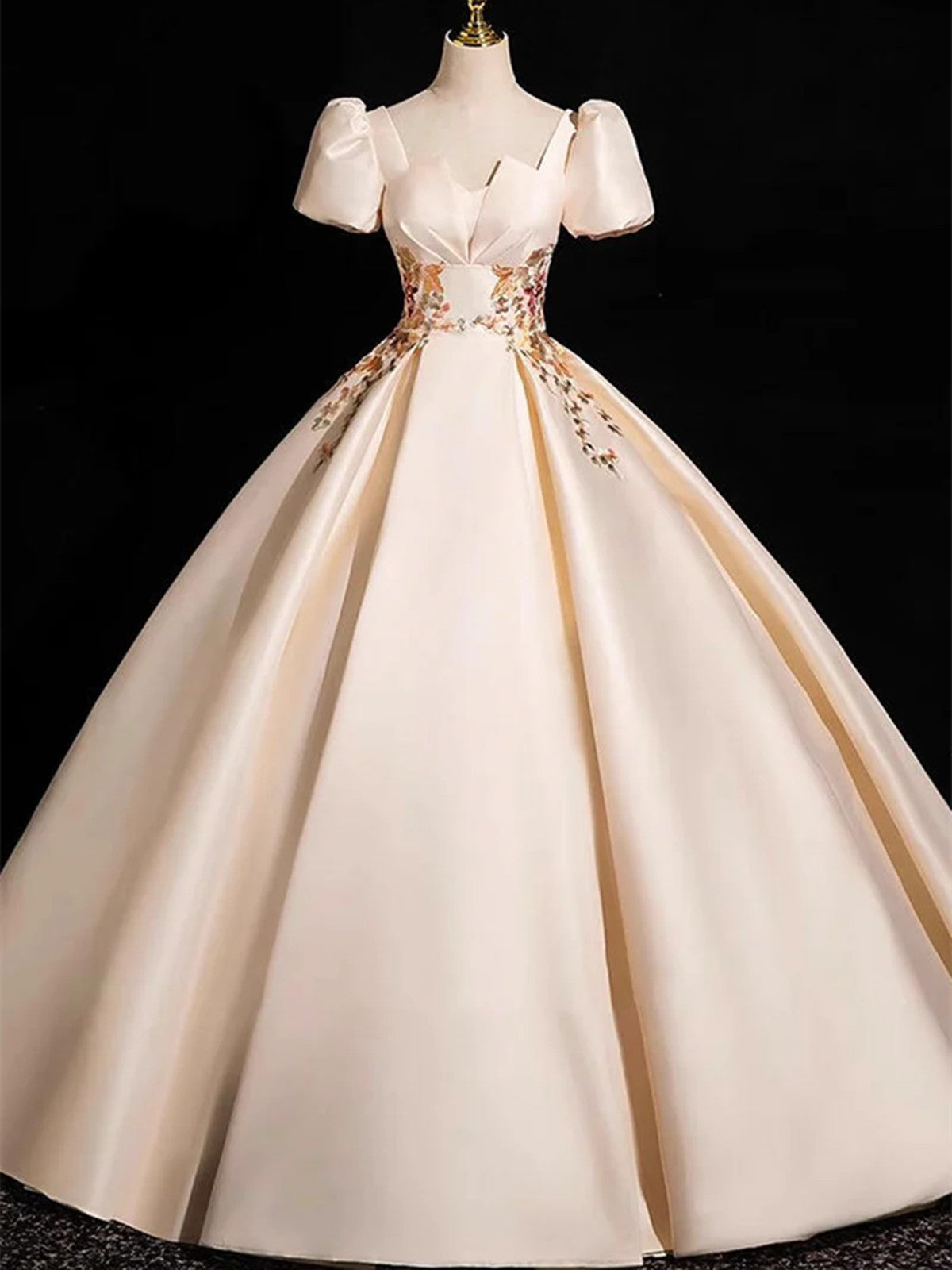 Champagne Satin Short Sleeves A-line Party Dress, Champagne Satin Long – Cutedressy