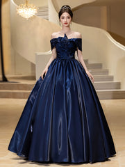 A-line Blue Satin Off Shoulder Long Prom Dress, Blue Satin Evening Dress Formal Dress