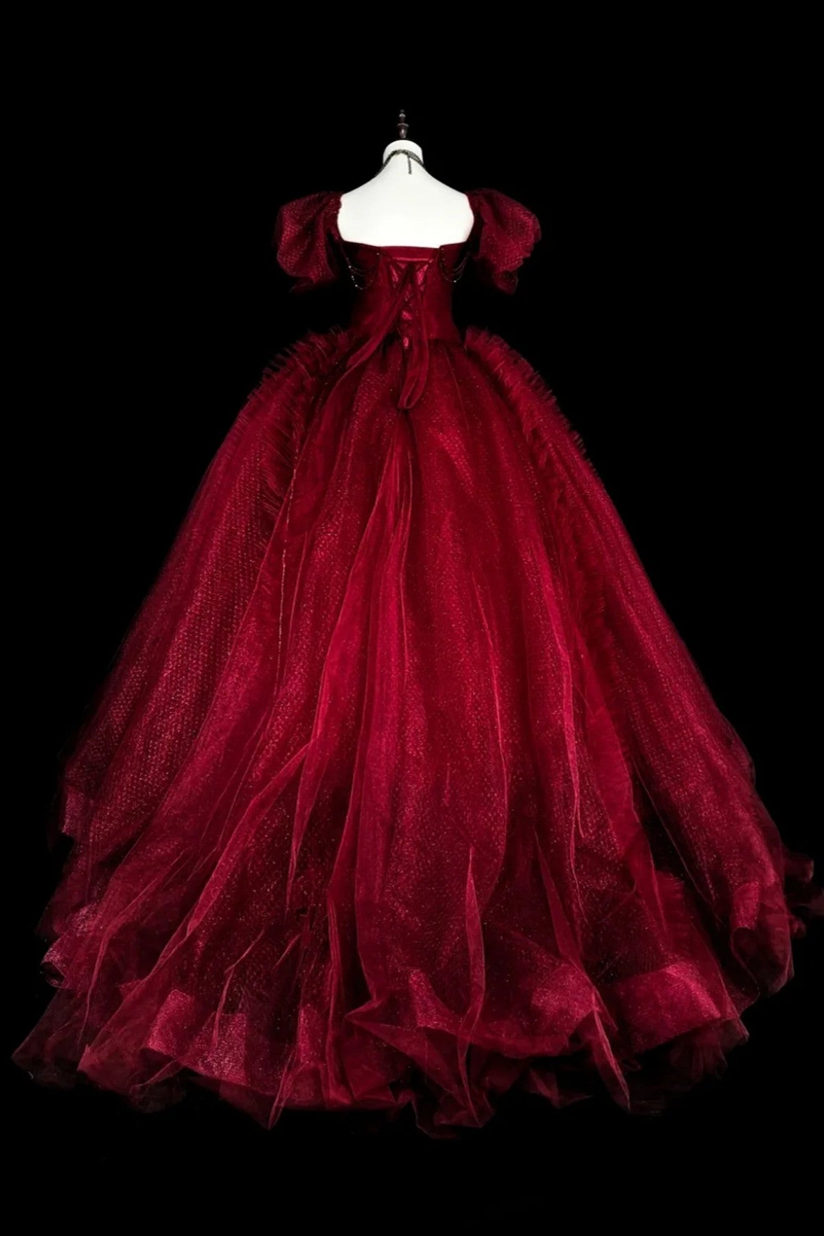 Wine Red Beaded Sweetheart Short Sleeves Formal Dress, Wine Red Tulle Floor Length Prom Dress