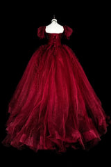 Wine Red Beaded Sweetheart Short Sleeves Formal Dress, Wine Red Tulle Floor Length Prom Dress