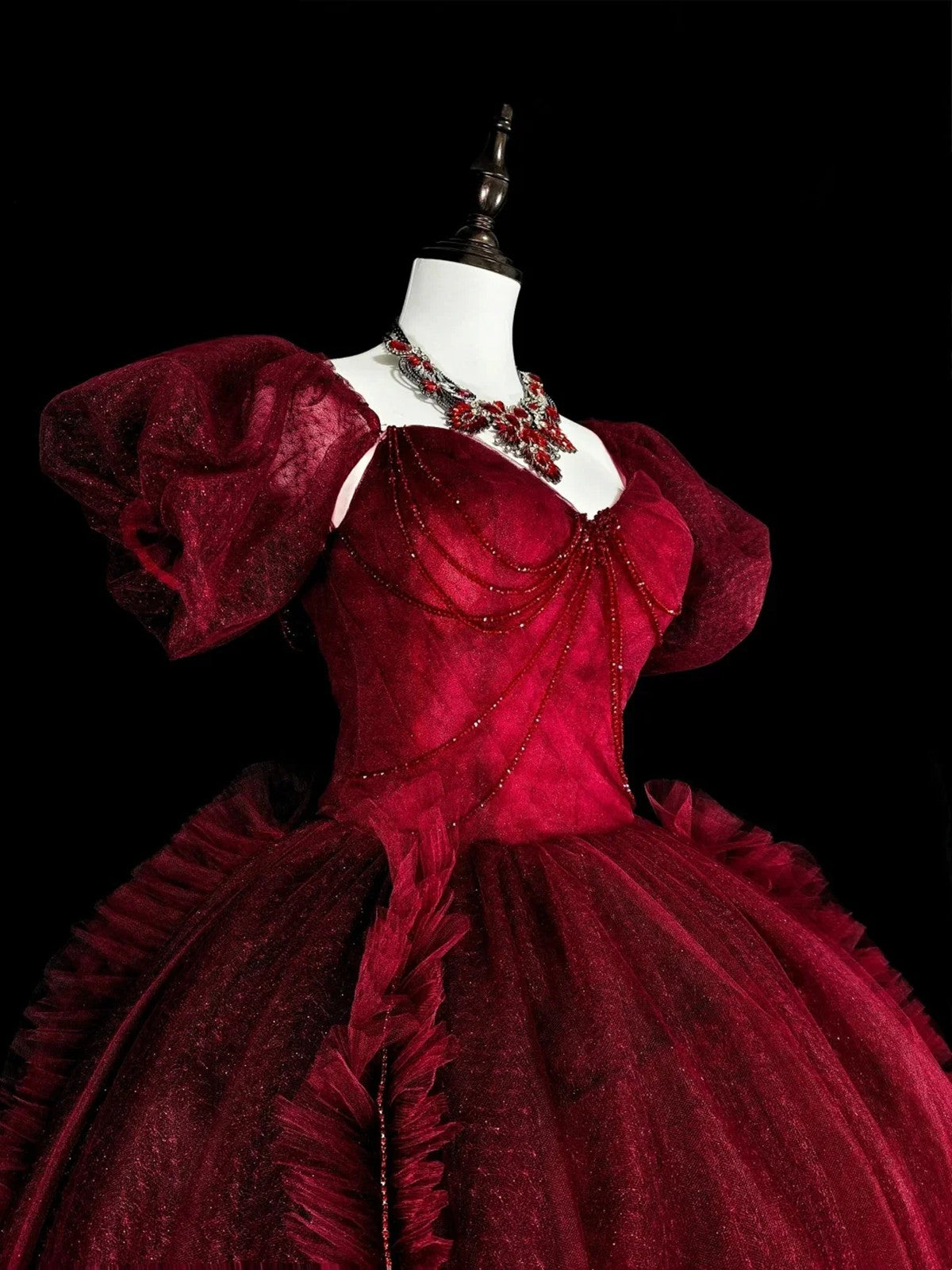 Wine Red Beaded Sweetheart Short Sleeves Formal Dress, Wine Red Tulle Floor Length Prom Dress