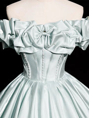 Light Green Beaded Off Shoulder Satin Formal Dress, Light Green Satin Long Evening Dress