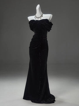 Black Velvet Mermaid Off Shoulder Floor Length Party Dress, Black Velvet Long Prom Dress