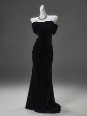 Black Velvet Mermaid Off Shoulder Floor Length Party Dress, Black Velvet Long Prom Dress