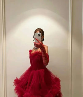 Wine Red Sweetheart Tulle Straps Long Party Dress, Wine Red Tulle A-line Prom Dress Formal Dress