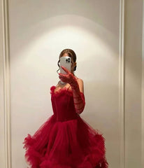 Wine Red Sweetheart Tulle Straps Long Party Dress, Wine Red Tulle A-line Prom Dress Formal Dress