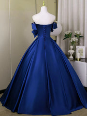 Blue Satin Flowers Off Shoulder Floor Length Party Dress, Blue Satin A-line Prom Dress