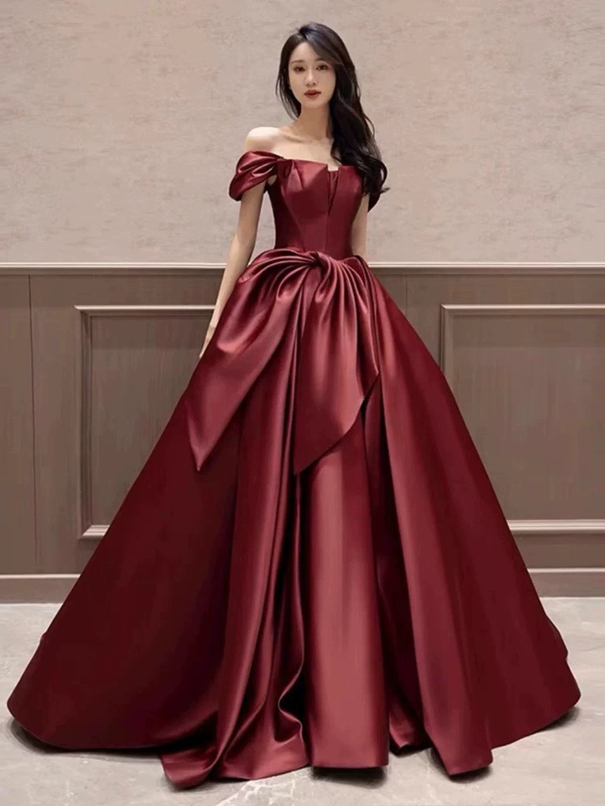 Wine Red Satin Off Shoulder Prom Dress, Wine Red Satin Floor Length Party Dress