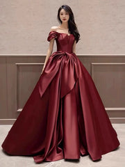 Wine Red Satin Off Shoulder Prom Dress, Wine Red Satin Floor Length Party Dress