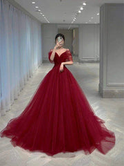 Wine Red Off Shoulder Straps Sweetheart Party Dress, Wine Red Tulle Long Prom Dress