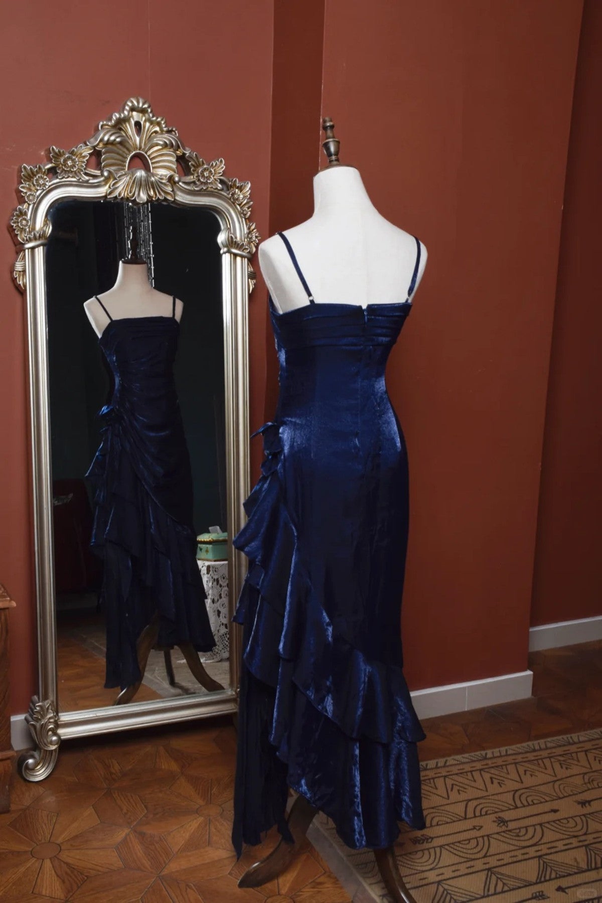 Navy Blue Straps High Low Party Dress Prom Dress, Navy Blue Satin Home Cutedressy Navy Blue Straps High Low Party Dress Prom Dress, Navy Blue Satin Home Cutedressy