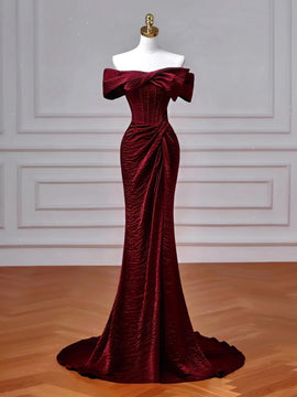Wine Red Off Shoulder Mermaid Long Evening Dress, Wine Red Formal Dress Prom Dress