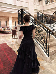 Black Satin Off Shoulder Mermaid Layers Prom Dress, Black Satin Floor Length Party Dress