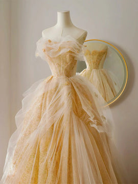 A-line Tulle Champagne Sweetheart Long Evening Dress, Champagne Ball Gown Prom Dress