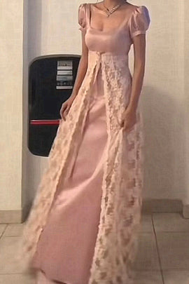 Pink Satin and Lace A-line Short Sleeves Long Prom Dress, Pink A-line Formal Dress
