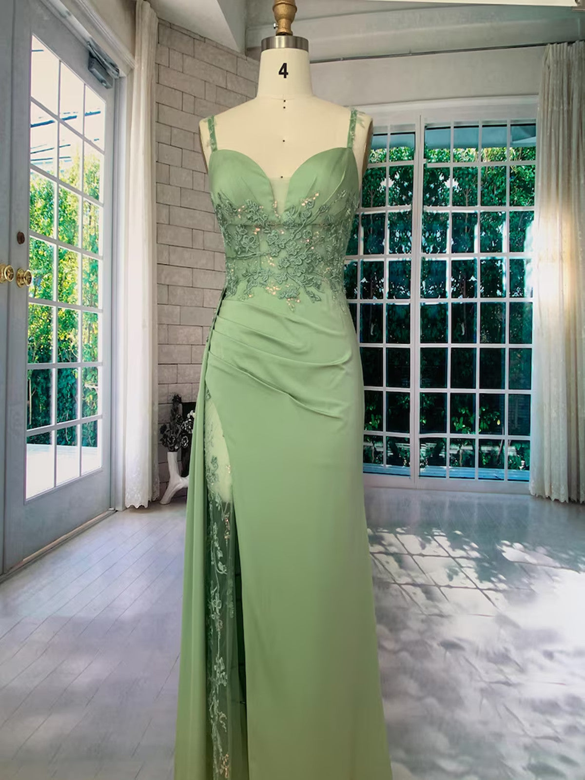 Light Green Sweetheart Straps Long Formal Dress with Leg Slit,  Light Green Prom Dress with Lace